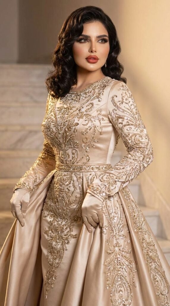 Luxury Evening Gowns for Special Occasions – 2026 Trends & Tips 5 Female model champagne gown embr… 202605161329