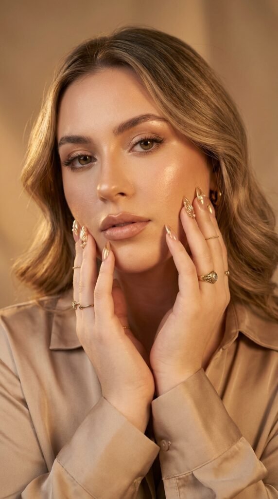 Luxury Gold Nail Art Trends for Women in 2026 2 Female model holding hands face 202605172215