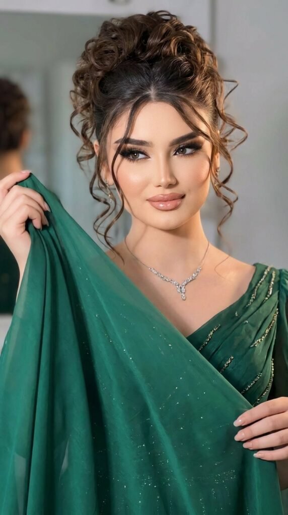 Elegant Updos for Special Occasions – Step by Step Guide 2026 6 Female model wearing green gown 202605161351