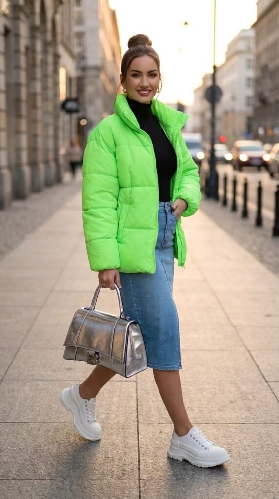 Street Style Inspiration: Combining Classic & Modern Trends 2026 4 Female model wearing neon jacket 202605161223