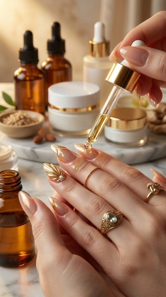 Luxury Gold Nail Art Trends for Women in 2026 9 Feminine hands applying cuticle oil 202605172233