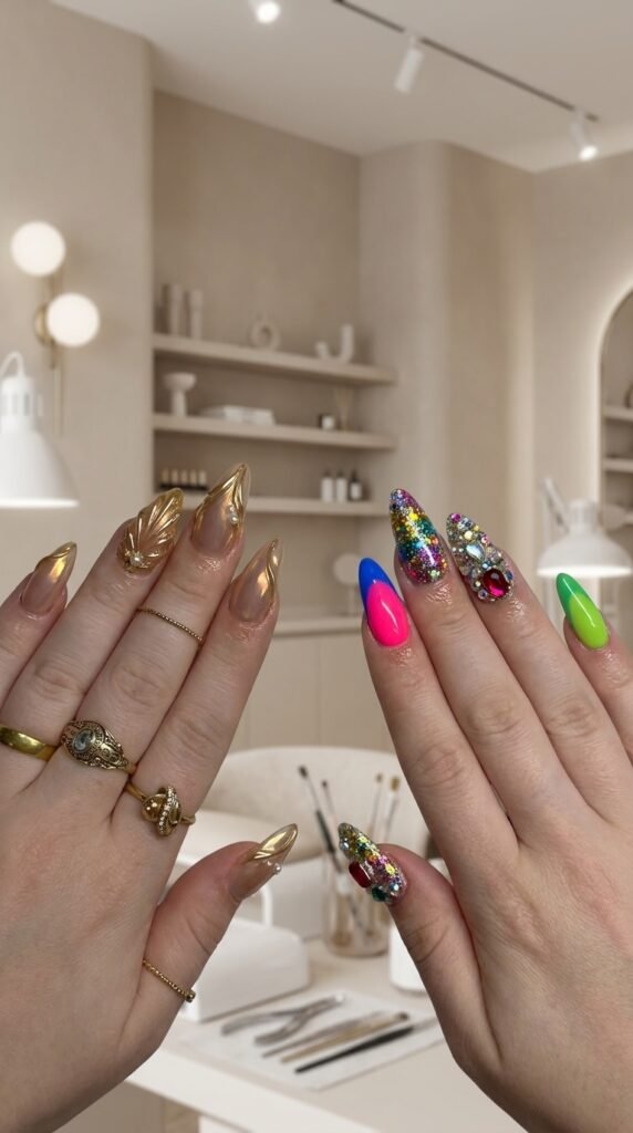 Luxury Gold Nail Art Trends for Women in 2026 10 Glitter nails beside minimalist … 202605172234