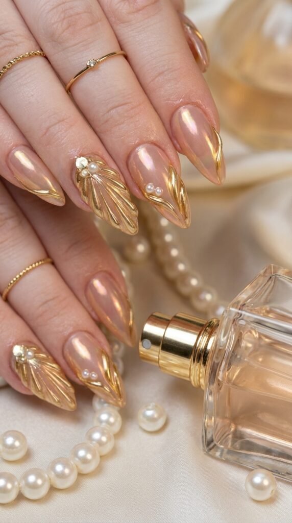 Luxury Gold Nail Art Trends for Women in 2026 5 Glossy nude nails with pearls 202605172227