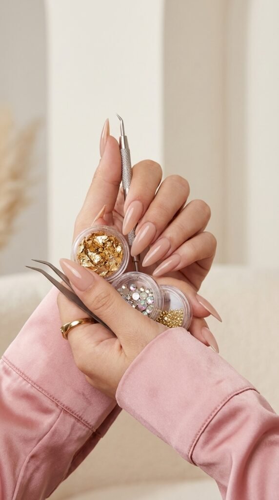 Luxury Nail Design Ideas: Rhinestones, Metallic Tips & Shapes 3 Hands holding rhinestone metalli… 202605150246