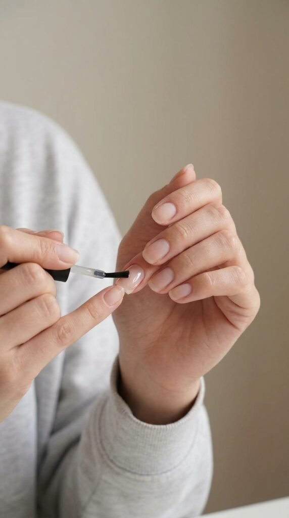 Luxury Nail Design Ideas: Rhinestones, Metallic Tips & Shapes 5 Model applying base coat nails 202605150251