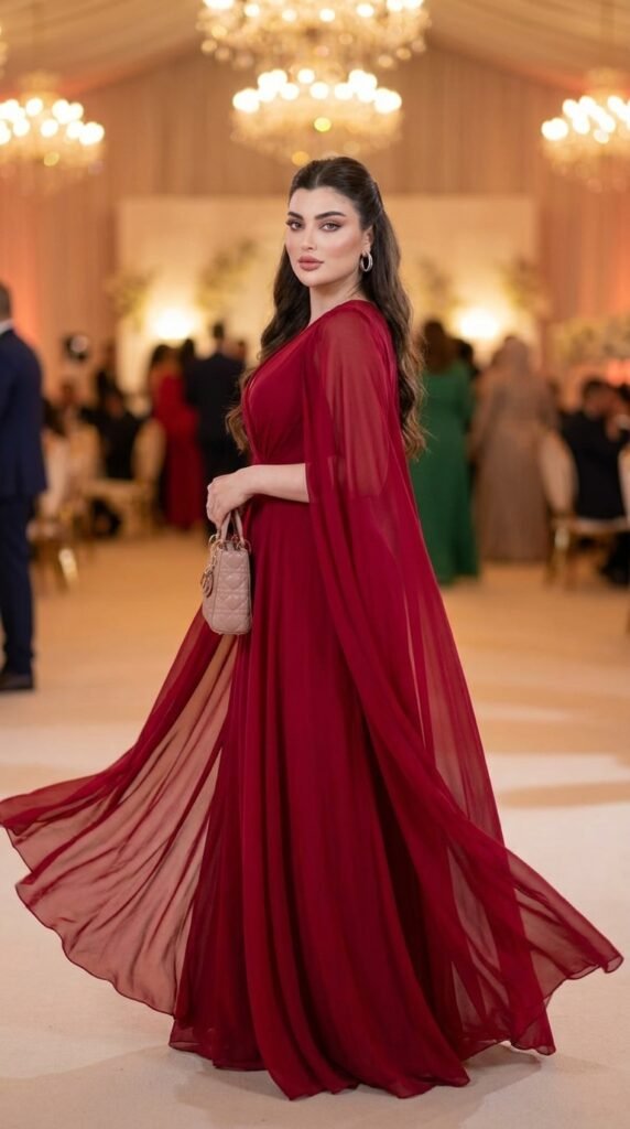 Celebrity-Inspired Evening Outfits | Glam Fashion Ideas 2026 6 Model in red cape dress 202605161705