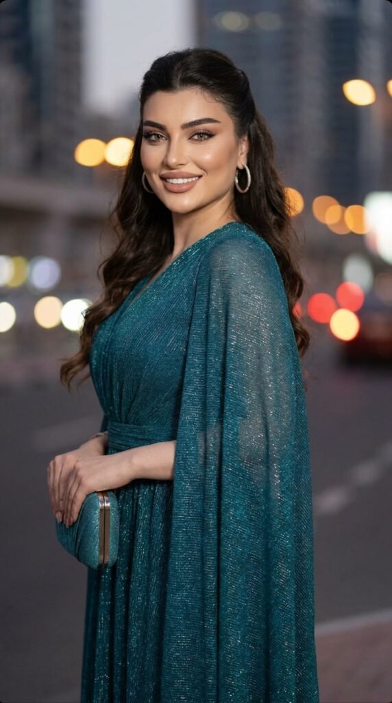 Celebrity-Inspired Evening Outfits | Glam Fashion Ideas 2026 9 Model in teal dress holding 202605161709
