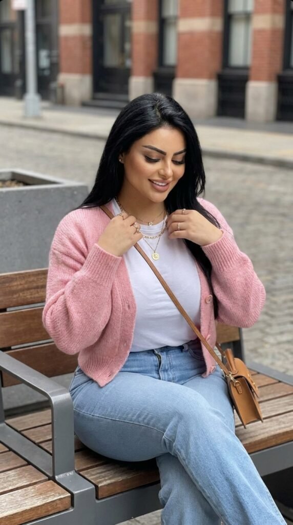 Model seated on urban bench 202605150211