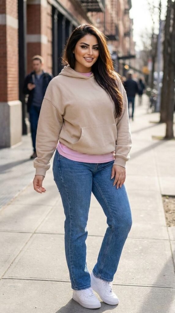 Model standing on urban sidewalk 202605150207