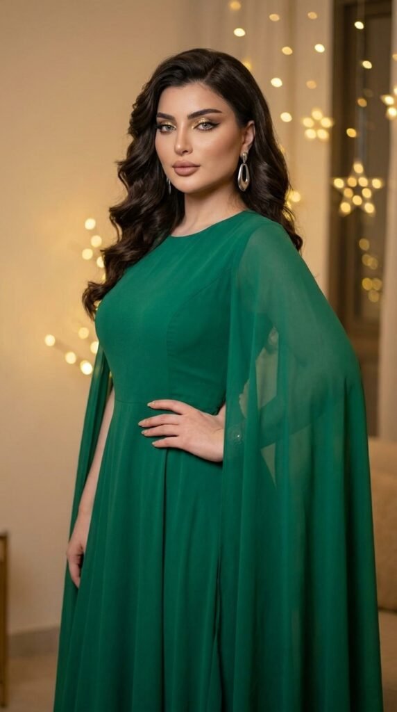 Celebrity-Inspired Evening Outfits | Glam Fashion Ideas 2026 3 Model wearing emerald cape dress 202605161659