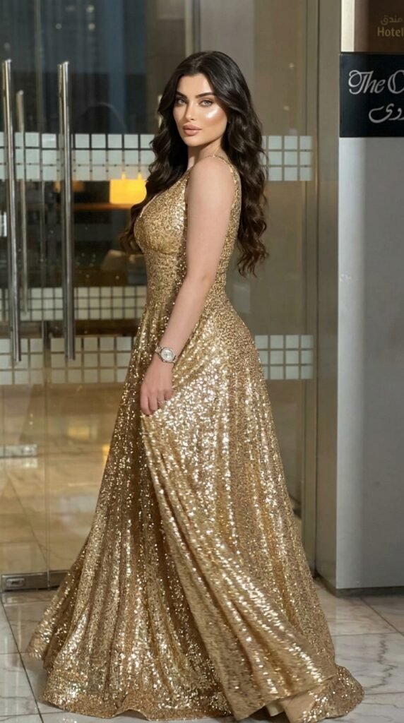 Celebrity-Inspired Evening Outfits | Glam Fashion Ideas 2026 5 Model wearing gold sequin gown 202605161703