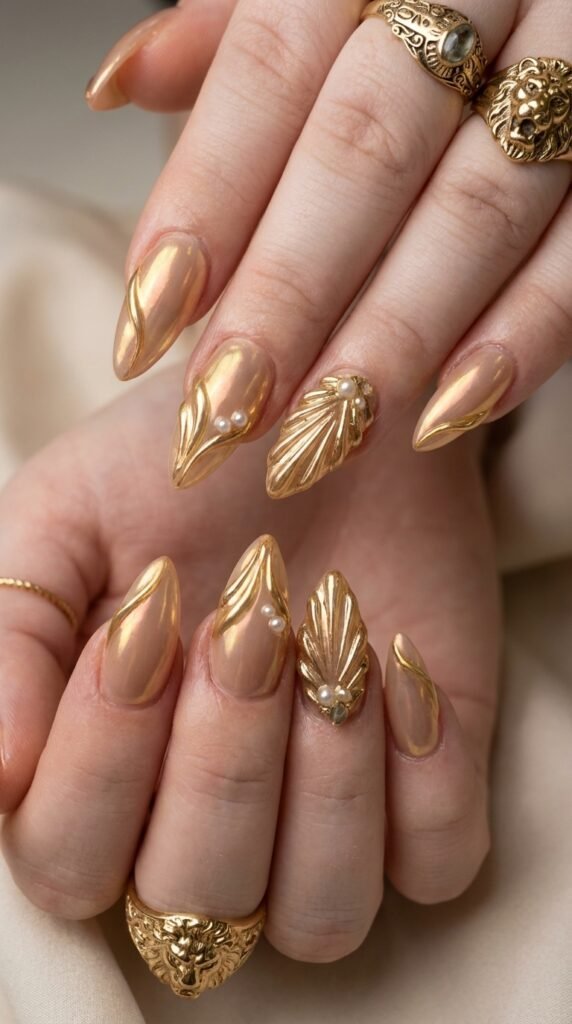 Luxury Gold Nail Art Trends for Women in 2026 6 Nails with gold swirl patterns 202605172228