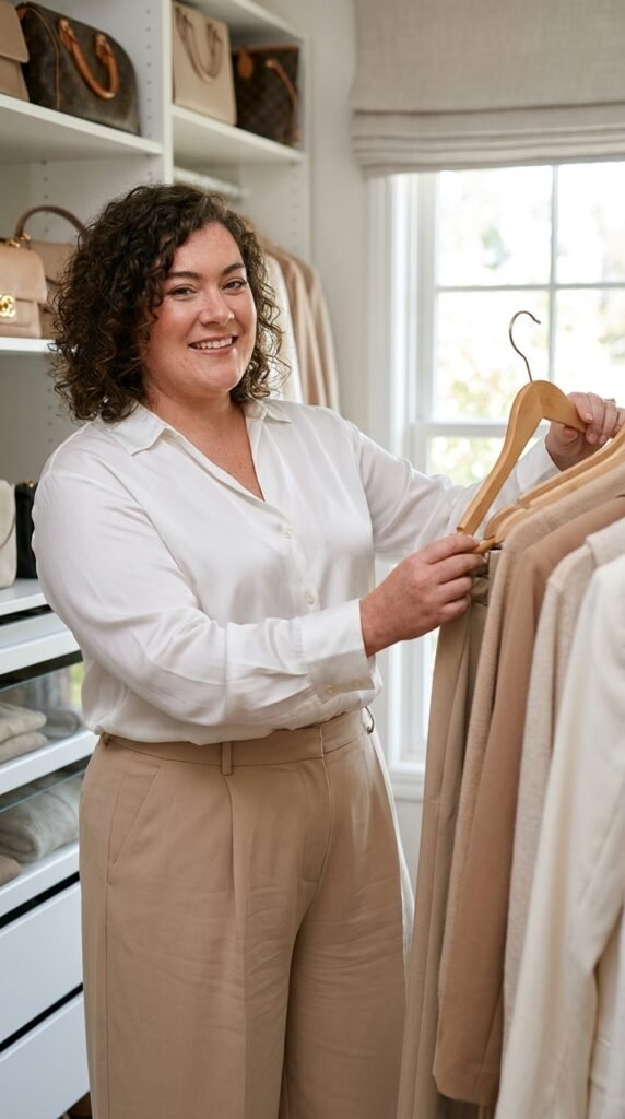 Elegant Plus Size Fashion Trends for Women in 2026 12 Plus size model organizing wardrobe 202605192320