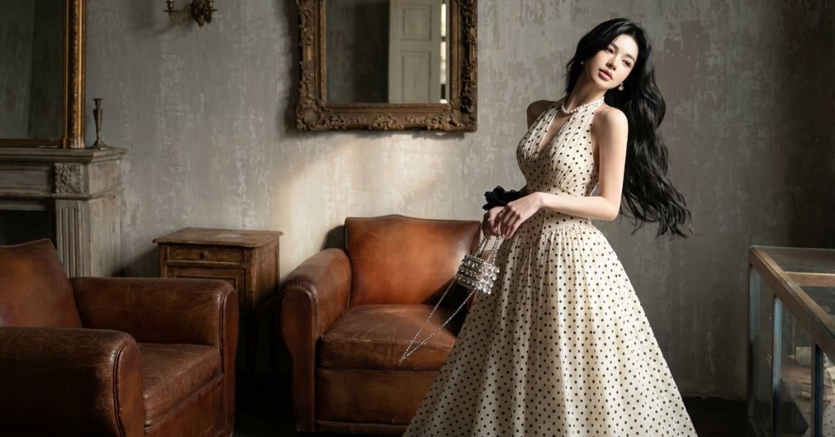 Ultra-realistic DSLR-style Google Discover feature image featuring SAME female model from reference image with EXACT SAME face, SAME long black silky hair, SAME slim feminine body proportions, SAME elegant luxury aura. She stands gracefully inside a luxurious vintage-inspired mansion room with textured grey walls, warm cinematic lighting, and elegant old-money interior décor. Model positioned on RIGHT side of frame wearing a flowing ivory-white polka dot maxi dress with soft black polka patterns and elegant movement in fabric. She holds a luxury crystal evening handbag while softly turning her body naturally. Soft glamorous makeup, delicate pearl jewelry, and elegant feminine heels complete the look. LEFT side contains large clean negative space for bold Discover-style headline text overlay. Old money feminine luxury aesthetic, French-inspired fashion vibe, cinematic warm shadows, soft romantic atmosphere, ultra realistic skin texture, shallow depth of field, 85mm DSLR lens effect, ultra HD quality, no blur, no watermark.