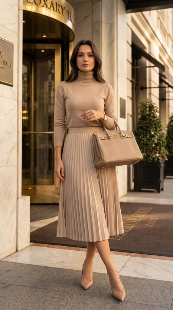 Woman posing near hotel entrance 202605200047