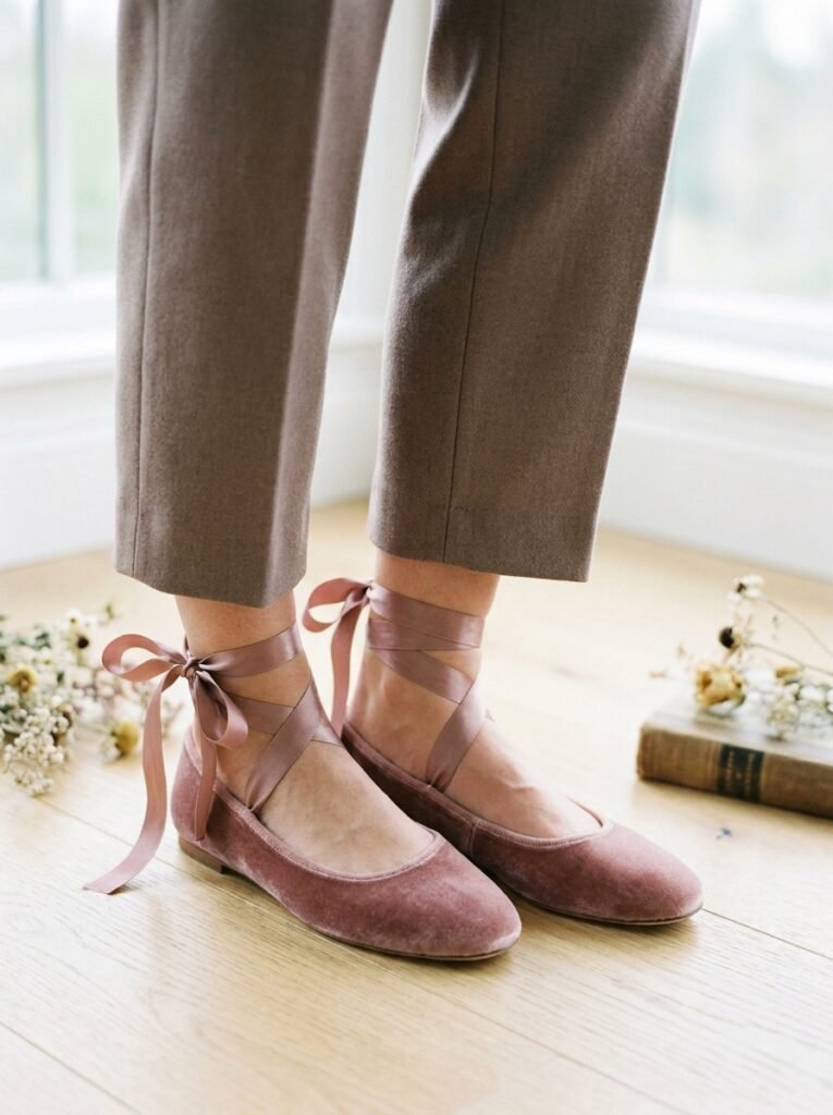 Coquette Outfit Ideas: 11 Polished Looks for Work 6 Ribbon-tied ballet flats worn with cropped trousers.