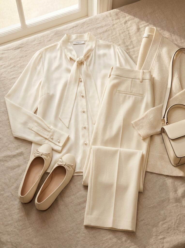 Coquette Outfit Ideas: 11 Polished Looks for Work 9 Cream outfit flat lay beige back… 202606261731