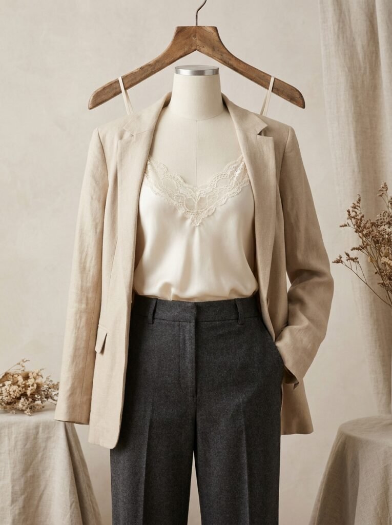 Coquette Outfit Ideas: 11 Polished Looks for Work 2 Lace camisole styled under a blazer for a professional coquette look.