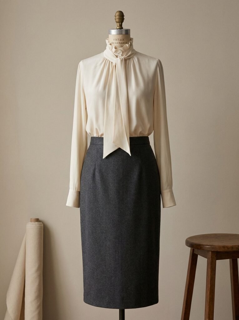Coquette Outfit Ideas: 11 Polished Looks for Work 5 Ruffle bow blouse styled with a pencil skirt for work.
