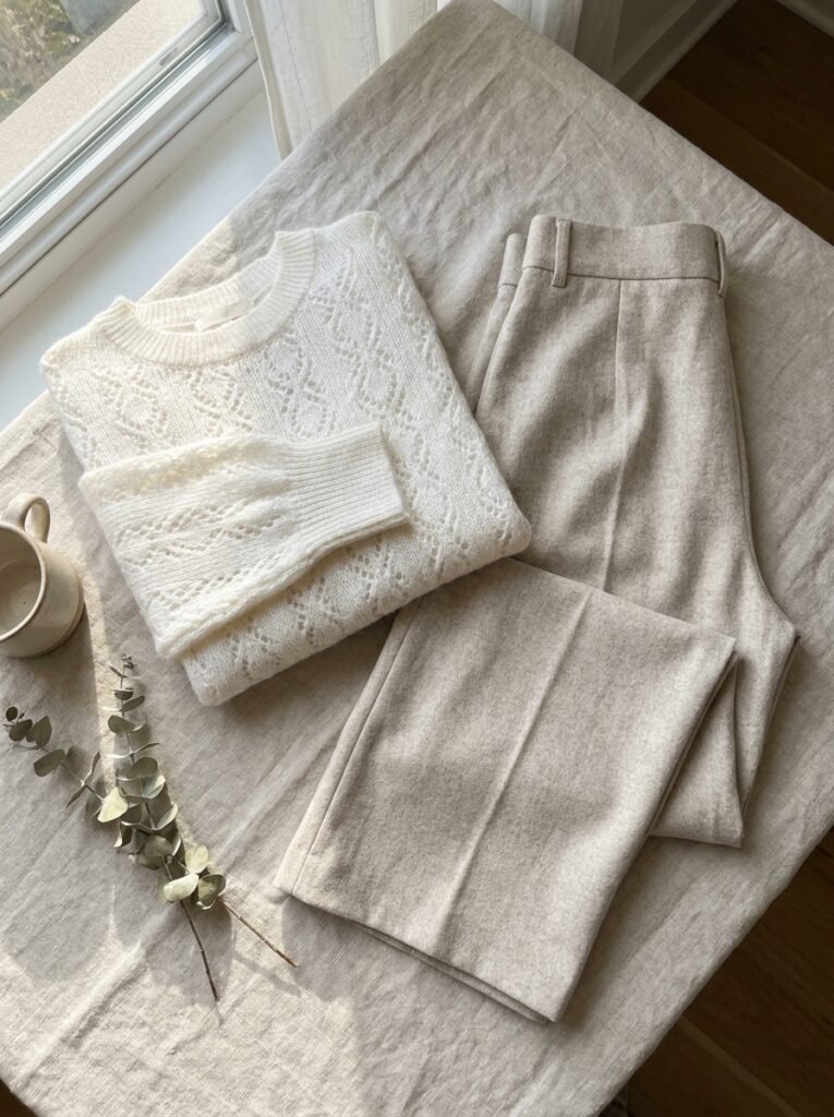 Coquette Outfit Ideas: 11 Polished Looks for Work 4 Pointelle knit top with tailored trousers for an office coquette outfit.