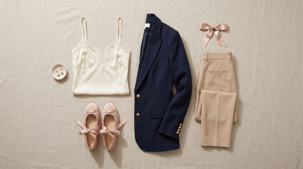 Coquette outfit ideas for work: lace camisole, navy blazer, tailored trousers, ballet flats, and pearl accessories flat-lay.