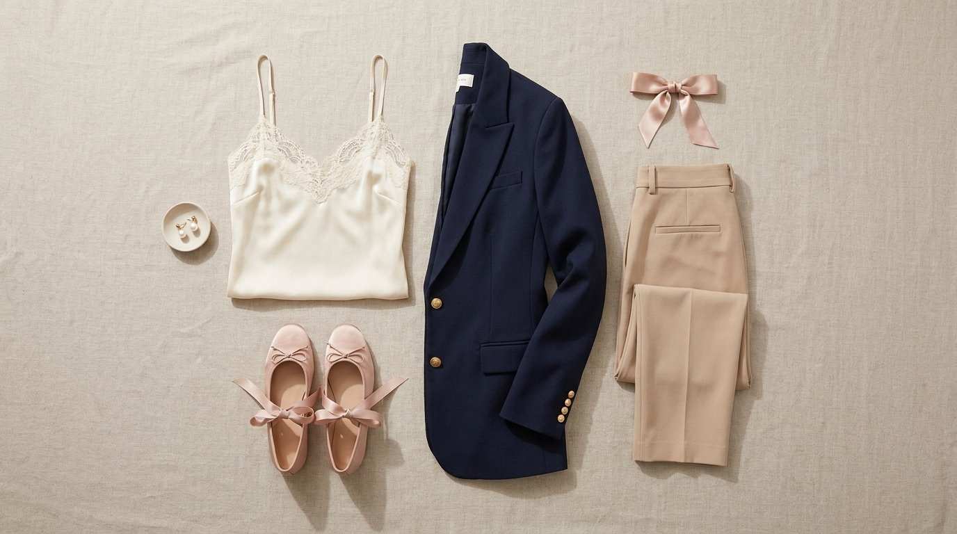 Coquette outfit ideas for work: lace camisole, navy blazer, tailored trousers, ballet flats, and pearl accessories flat-lay.