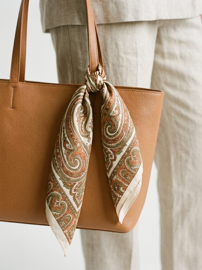 Paisley scarf tied to tote 202606301429