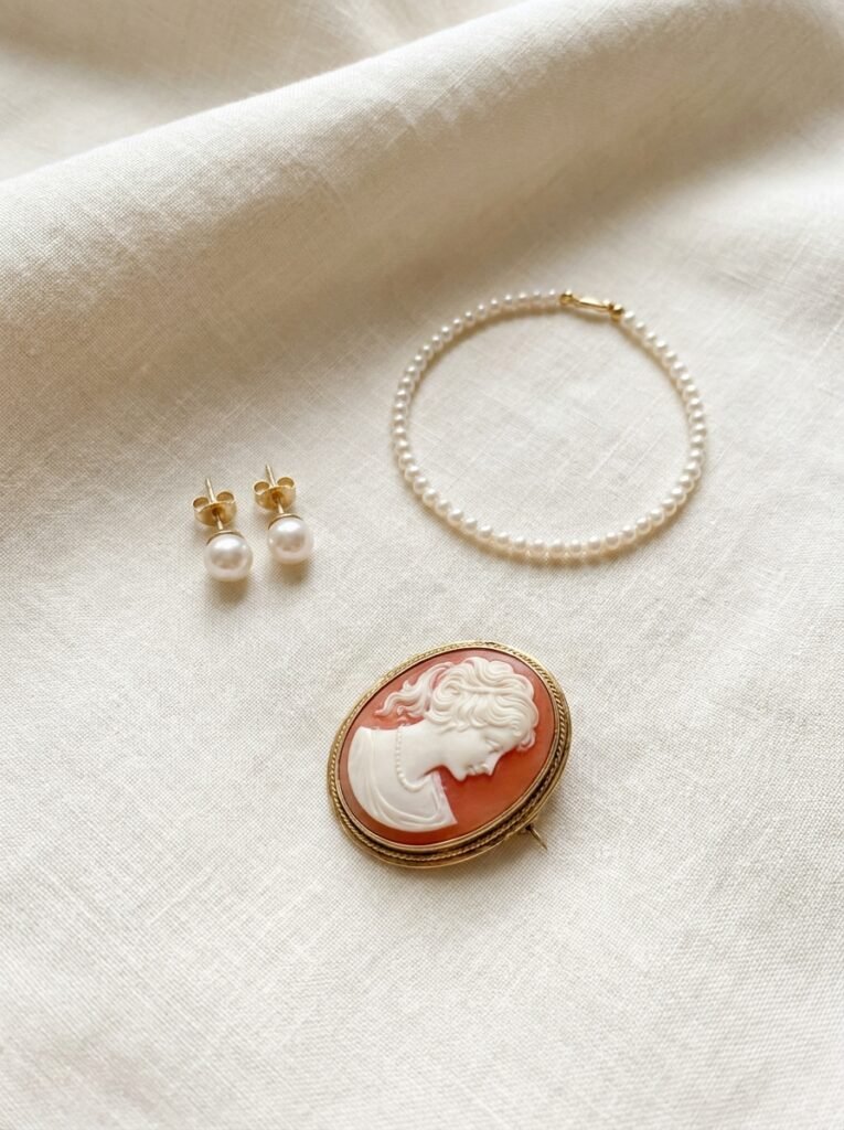 Coquette Outfit Ideas: 11 Polished Looks for Work 7 Pearl studs, bracelet, and cameo brooch for subtle coquette styling.
