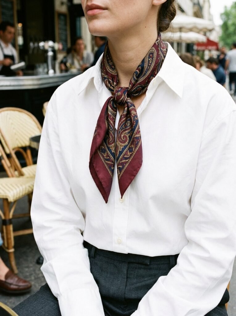 Scarf knotted at womans neck 202606301429