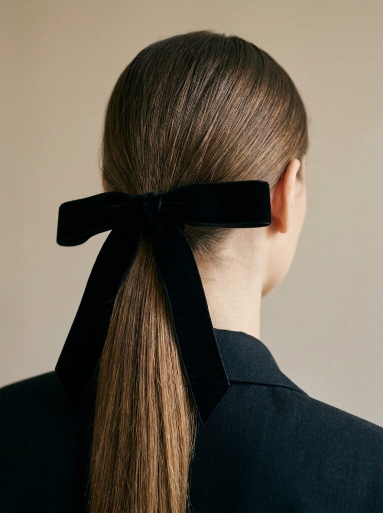 Coquette Outfit Ideas: 11 Polished Looks for Work 3 Velvet ribbon tied in a low ponytail with a tailored suit.