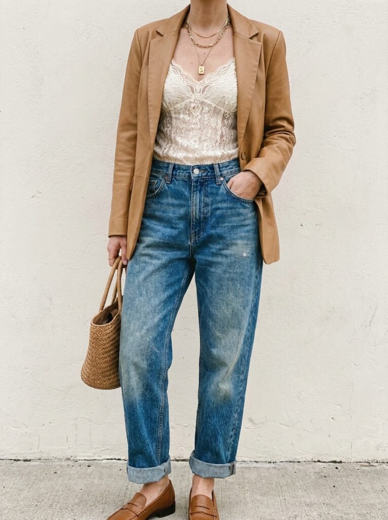 Coquette Outfit Ideas: 11 Polished Looks for Work 8 Lace camisole paired with boyfriend jeans for a smart-casual coquette look.