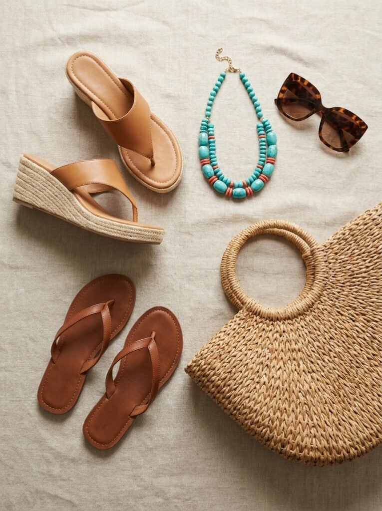 Summer 2026 accessories flat-lay with woven straw bag, beaded necklace and sandals