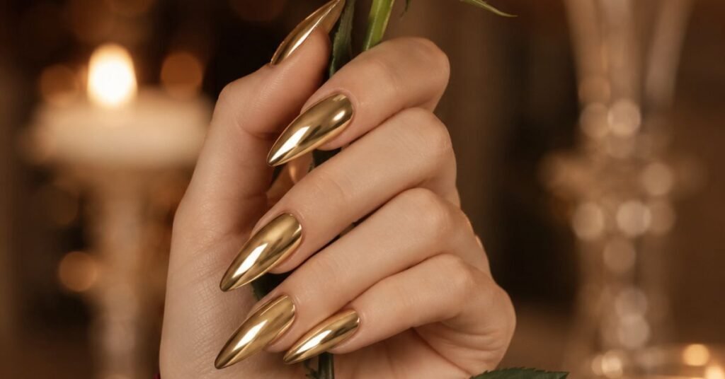Long soft-stiletto nails with full gold mirror chrome finish. Sleeve / Outfit Styling: Deep burgundy satin sleeve. Hand Pose: Hand holding the stem of a single cream rose. Background: Soft luxury evening setting with blurred candlelight. Purpose: Show a more glamorous, special-event version of gold chrome nails.