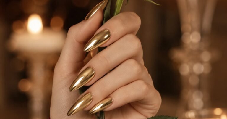 Long soft-stiletto nails with full gold mirror chrome finish. Sleeve / Outfit Styling: Deep burgundy satin sleeve. Hand Pose: Hand holding the stem of a single cream rose. Background: Soft luxury evening setting with blurred candlelight. Purpose: Show a more glamorous, special-event version of gold chrome nails.