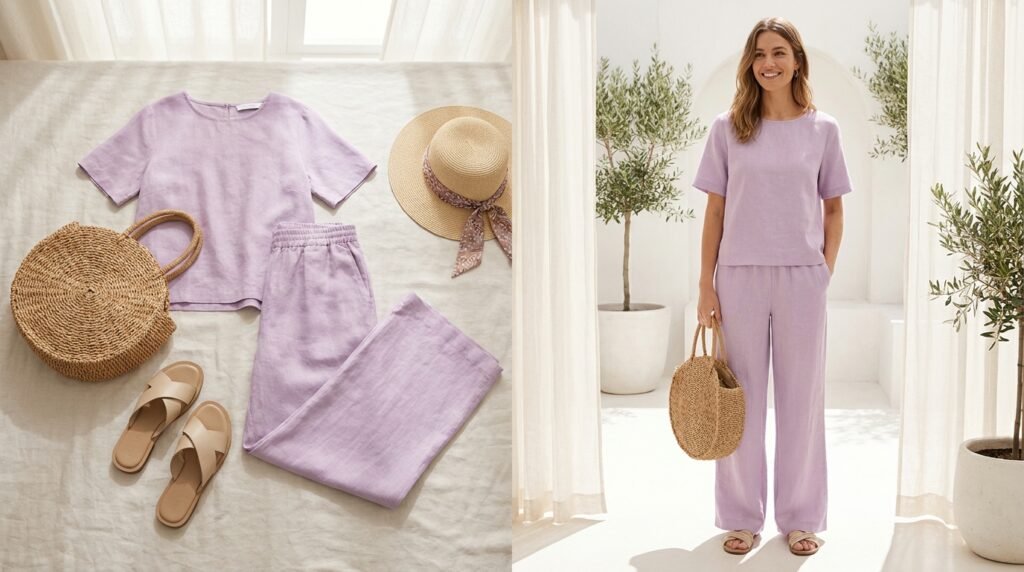 Summer 2026 outfit ideas - woman in a lilac linen co-ord set with a woven straw bag
