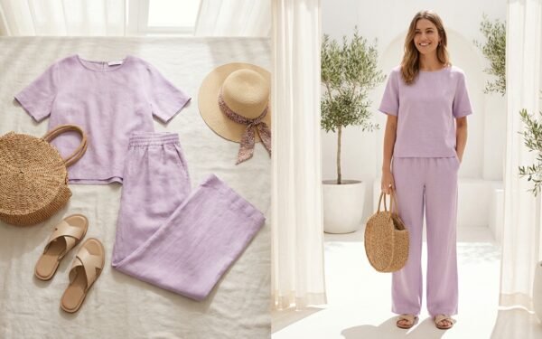 Summer 2026 Outfit Ideas: 12 Trending Looks to Copy Right Now 11 Summer 2026 outfit ideas - woman in a lilac linen co-ord set with a woven straw bag