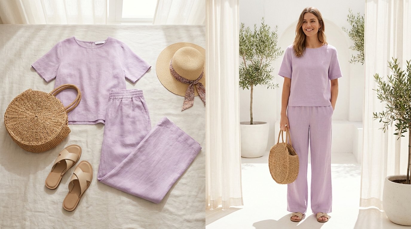 Summer 2026 outfit ideas - woman in a lilac linen co-ord set with a woven straw bag