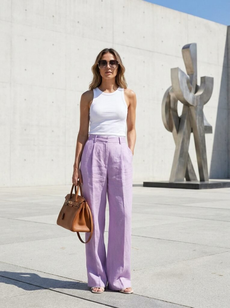 Lilac wide-leg trousers worn with a tailored tank top for summer 2026