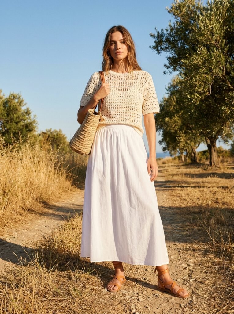 White maxi skirt paired with a crochet top for an artisanal summer 2026 look