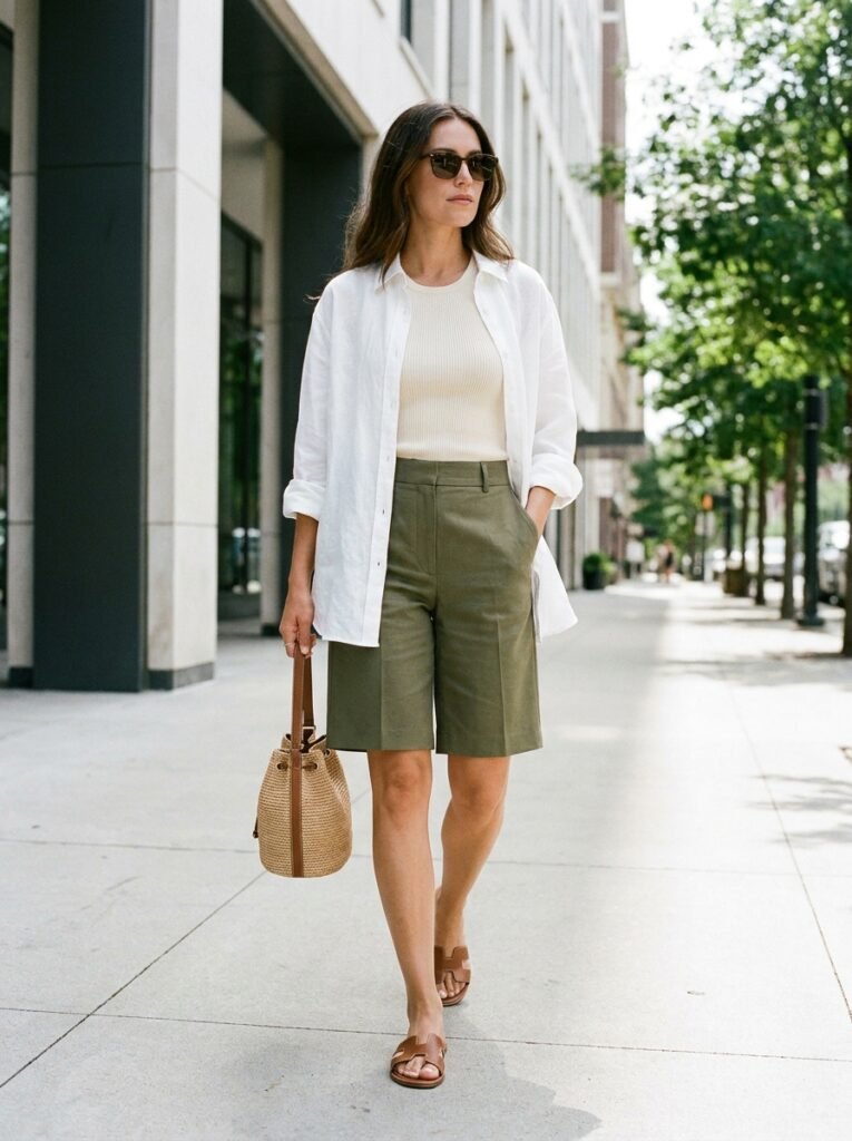 Longline Bermuda shorts styled with a fitted tank, a key summer 2026 outfit idea