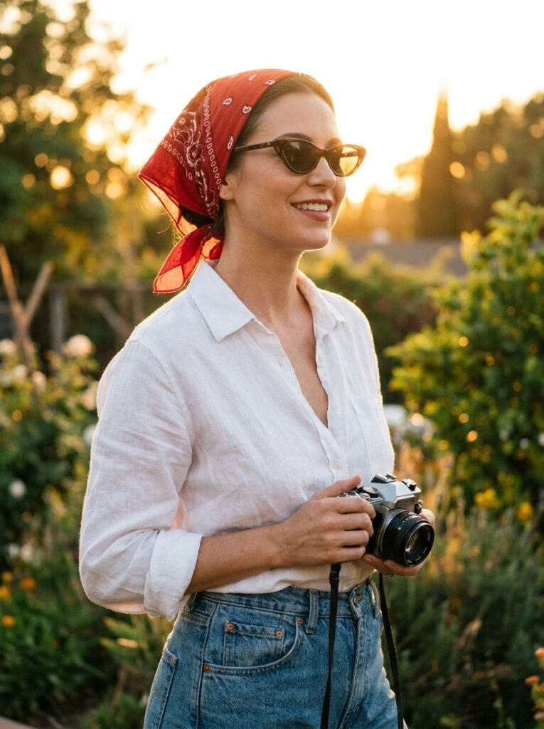 Woman wearing head wrap shirt 202606301429