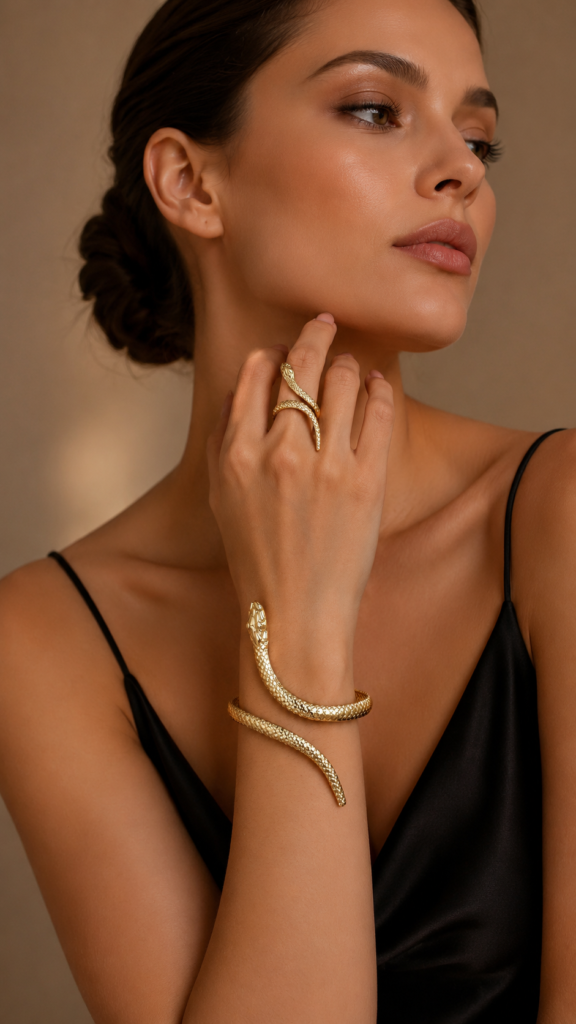 How to Style Gold Snake Jewelry: Bracelet and Ring Outfit Ideas 2 a237ab6b 90b6 4d34 910b 18a4a7550c88