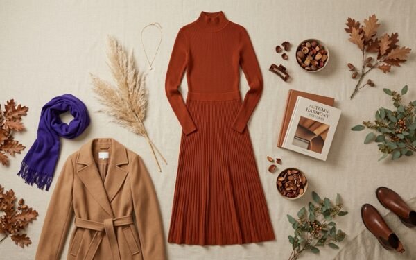 Fall 2026 modest fashion trends flat lay with hijab and autumn coat