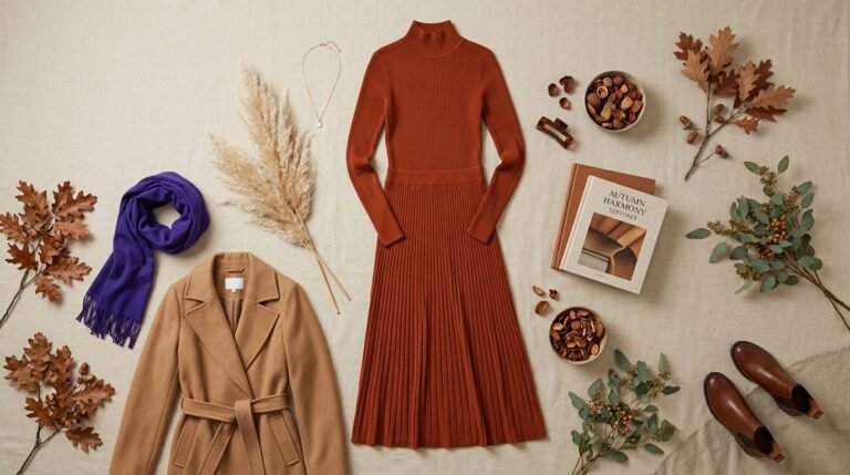 Fall 2026 modest fashion trends flat lay with hijab and autumn coat