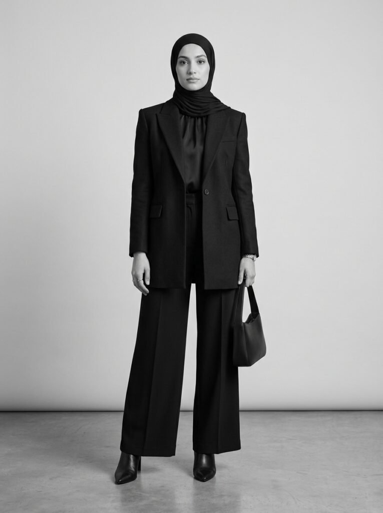 Fall 2026 Modest Fashion Trends: Hijab-Friendly Outfits 3 Black blazer over trousers hijab 202607141326
