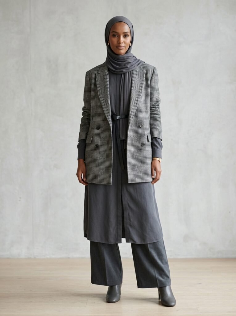 Plaid Outfits 2026: The Modest Way to Wear Fall's Print 3 Blazer tunic wide trousers hijab 202607220328