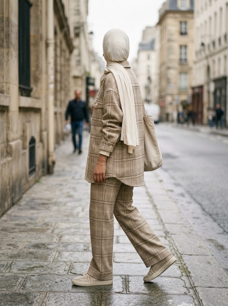 Plaid Outfits 2026: The Modest Way to Wear Fall's Print 5 Check shirt jacket and trousers 202607220328