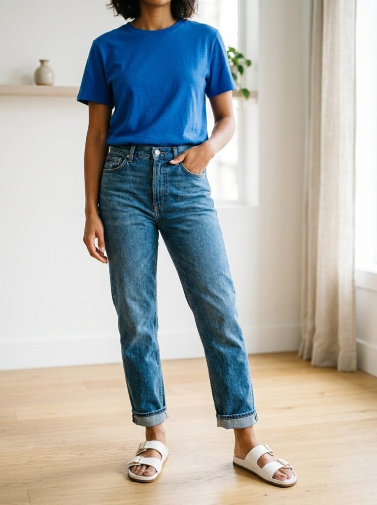 Colorful T-Shirt Outfits: How to Style the 2026 Trend 4 Cobalt blue t shirt with denim 202607121757