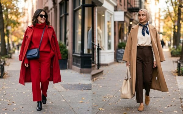 Red modest outfits 2026 — tomato red coat styled over cream with hijab