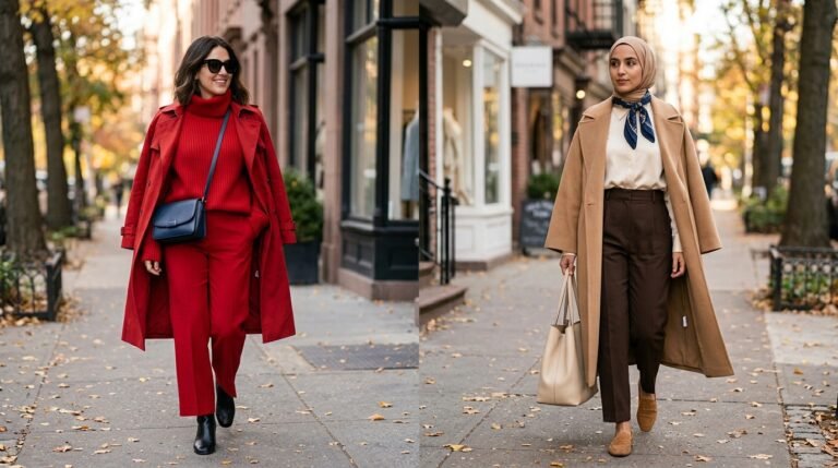 Red modest outfits 2026 — tomato red coat styled over cream with hijab